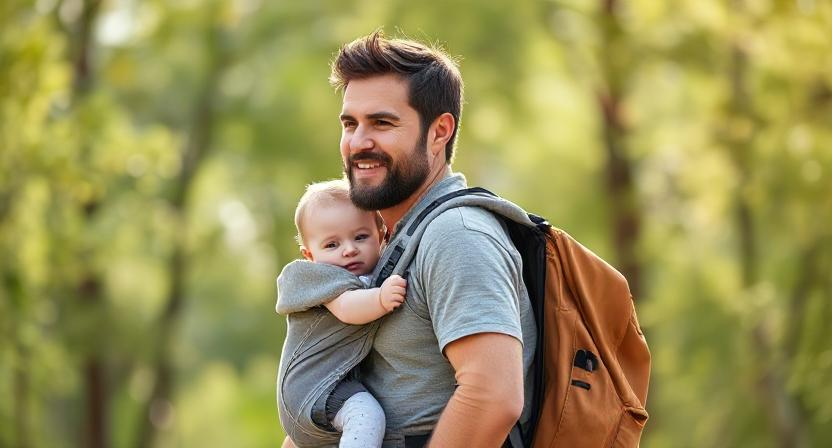 Parent using Tushbaby carrier while traveling